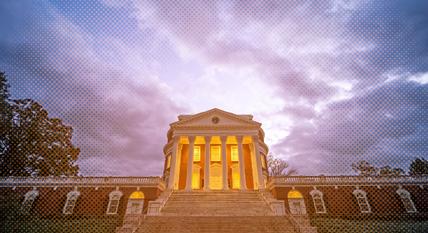 Picture of the Rotunda at UVA with orange and blue gradient embellishments