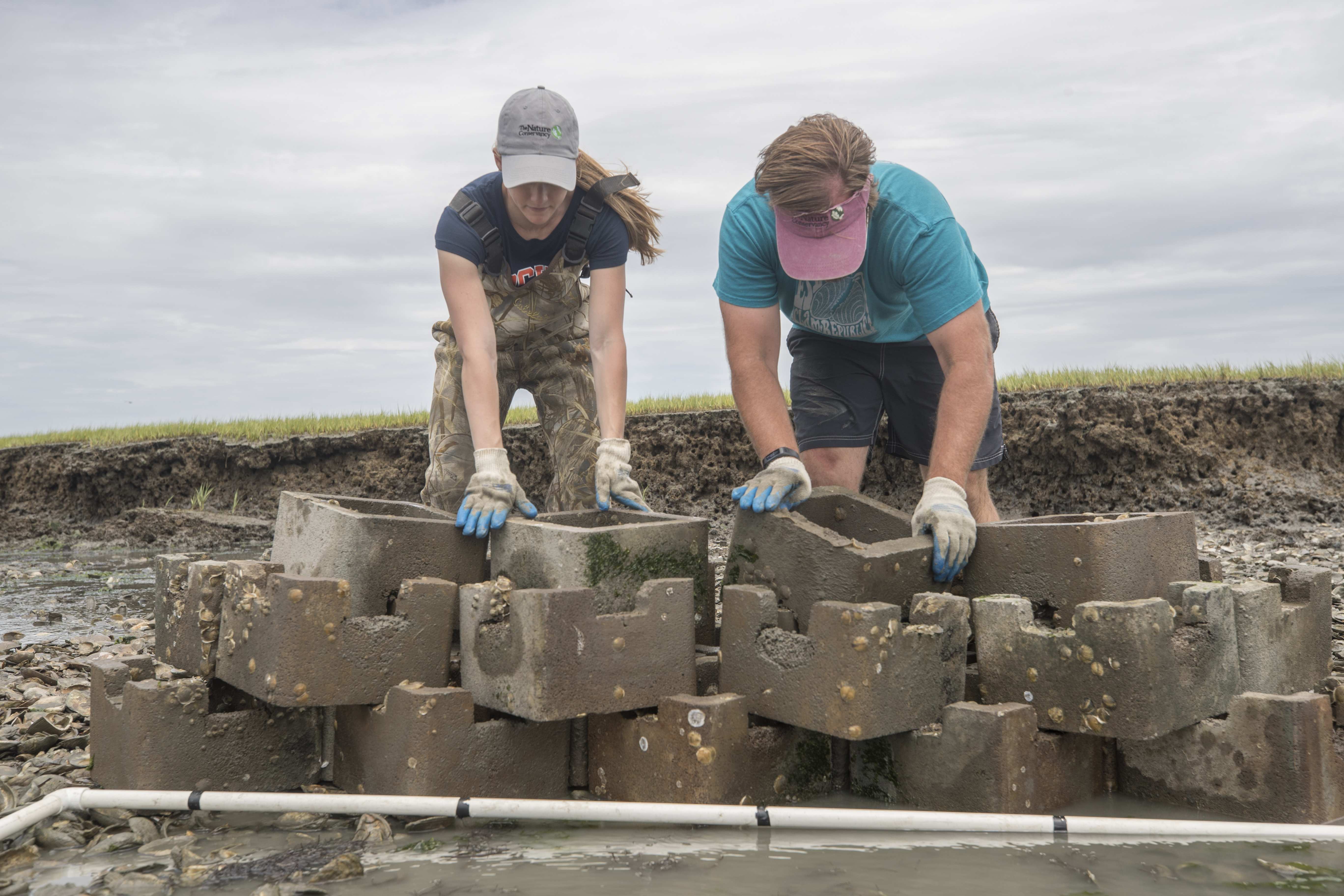 Students moving blocks during an Eastern Shore clean up
