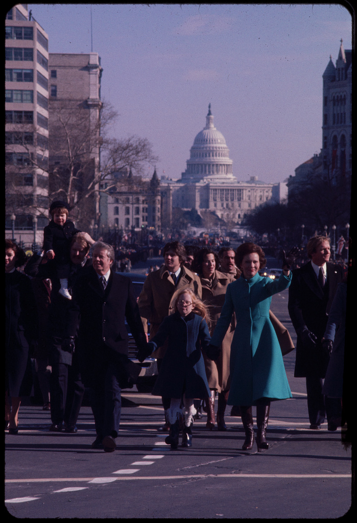 President Carter, staff, and family walking in the Inaugural parade in Washington, D.C.