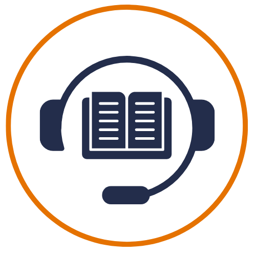 An open book with a headset icon