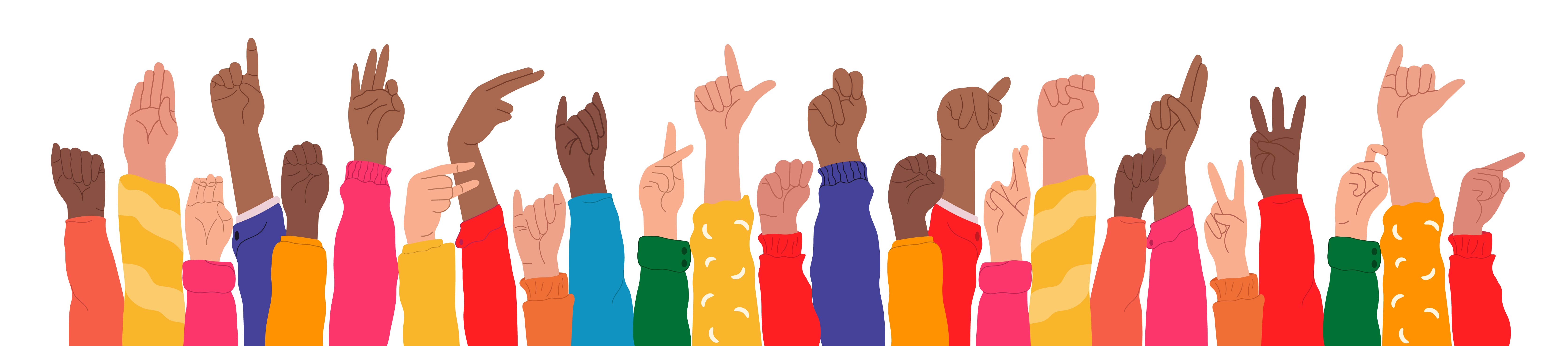 Cartoon illustration of hands raised up demonstrating American sign language alphabet