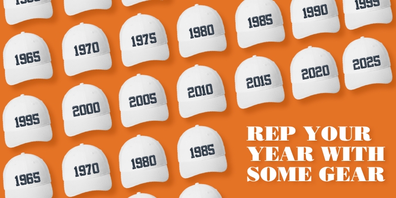 An image of white baseball-style hats with embroidered class years on an orange background with the text "Rep You Year With Some Gear"