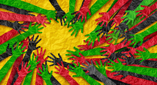 Hand collage in the colors of the Pan-African flag (red, black, green) and yellow