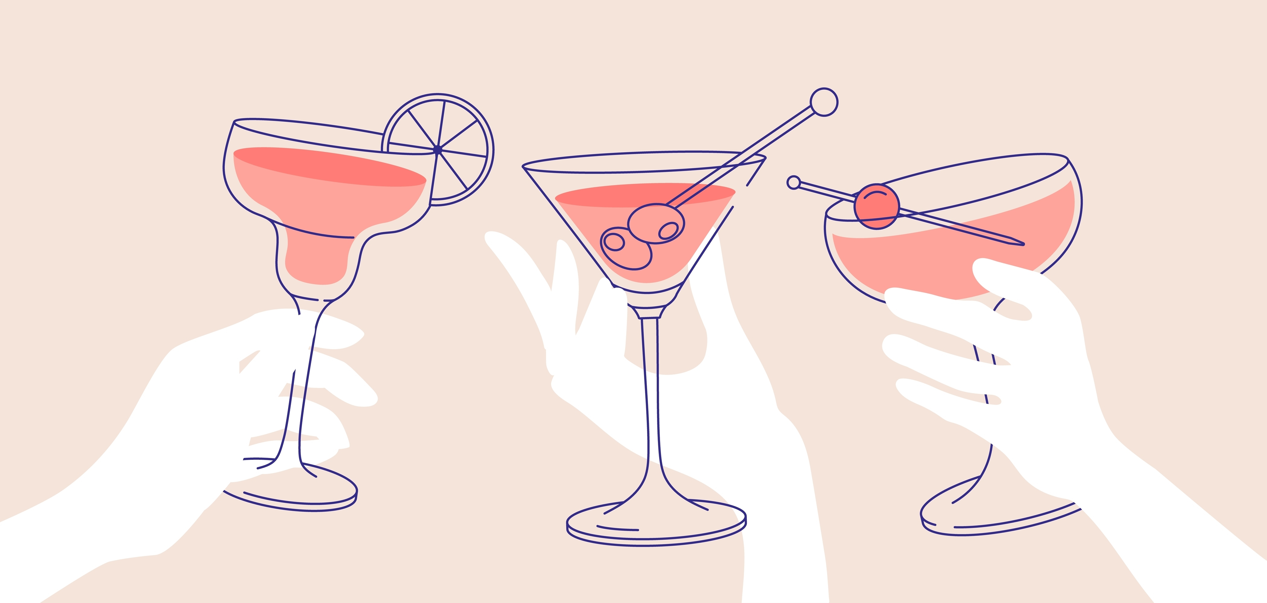 Women’s hands holding glasses of margaritas and martini