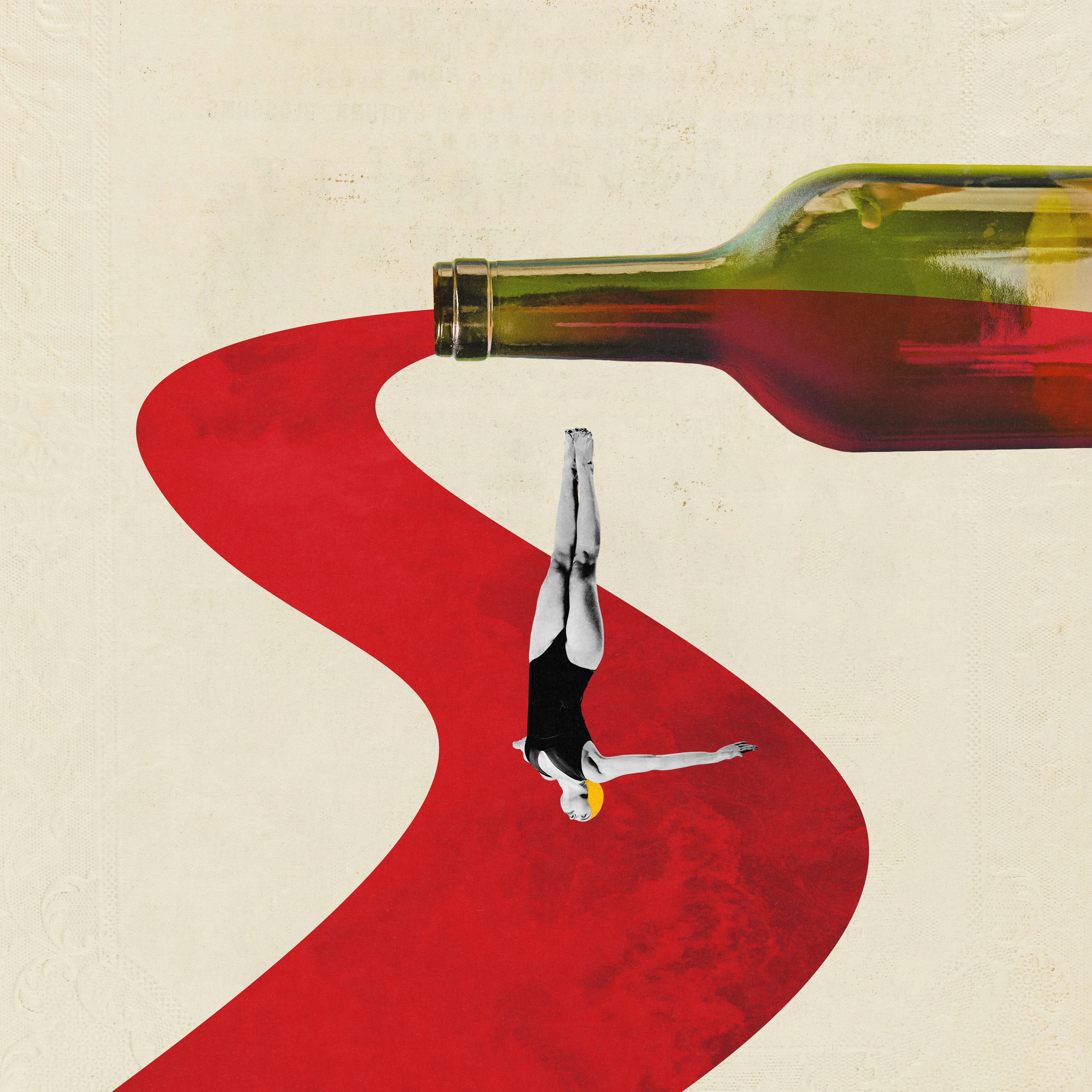 Art collage with one woman jumping down from wine bottle