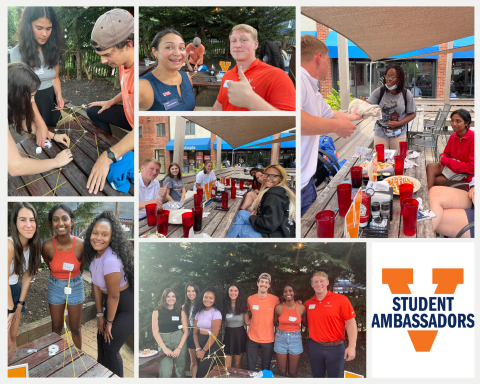 A collage of Student Ambassadors at a team building exercise. They are eating at Brazos Tacos and building spaghetti structures. 