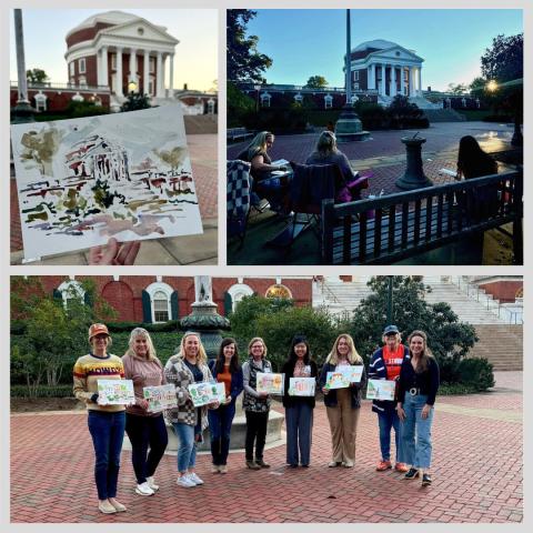 three images from the Rotunda painting event - Clare Spooner's watercolor, the class working, and the class with their final work.